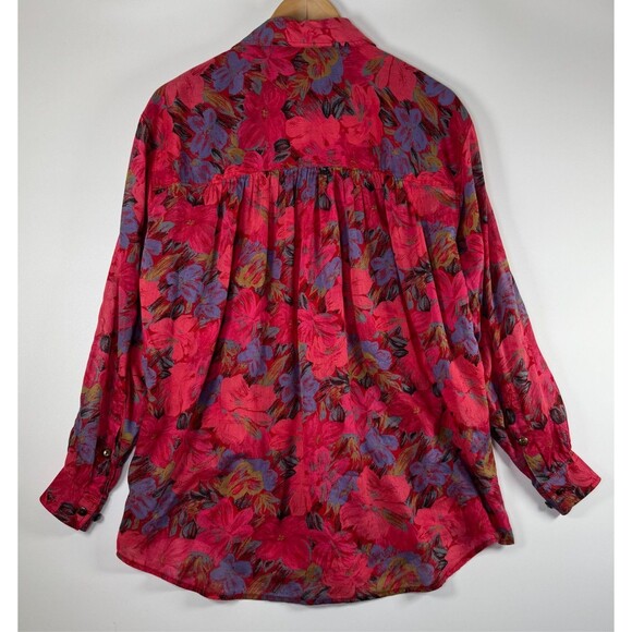 Vintage LizWear Womens Button Up Blouse Small Red Pink Floral Cotton 80s 90s - Picture 4 of 15